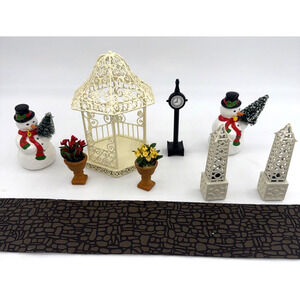 Dept 56 Nine Piece Lot Snow Village & Season’s Bay - Snowman Gazebo Lattice Road